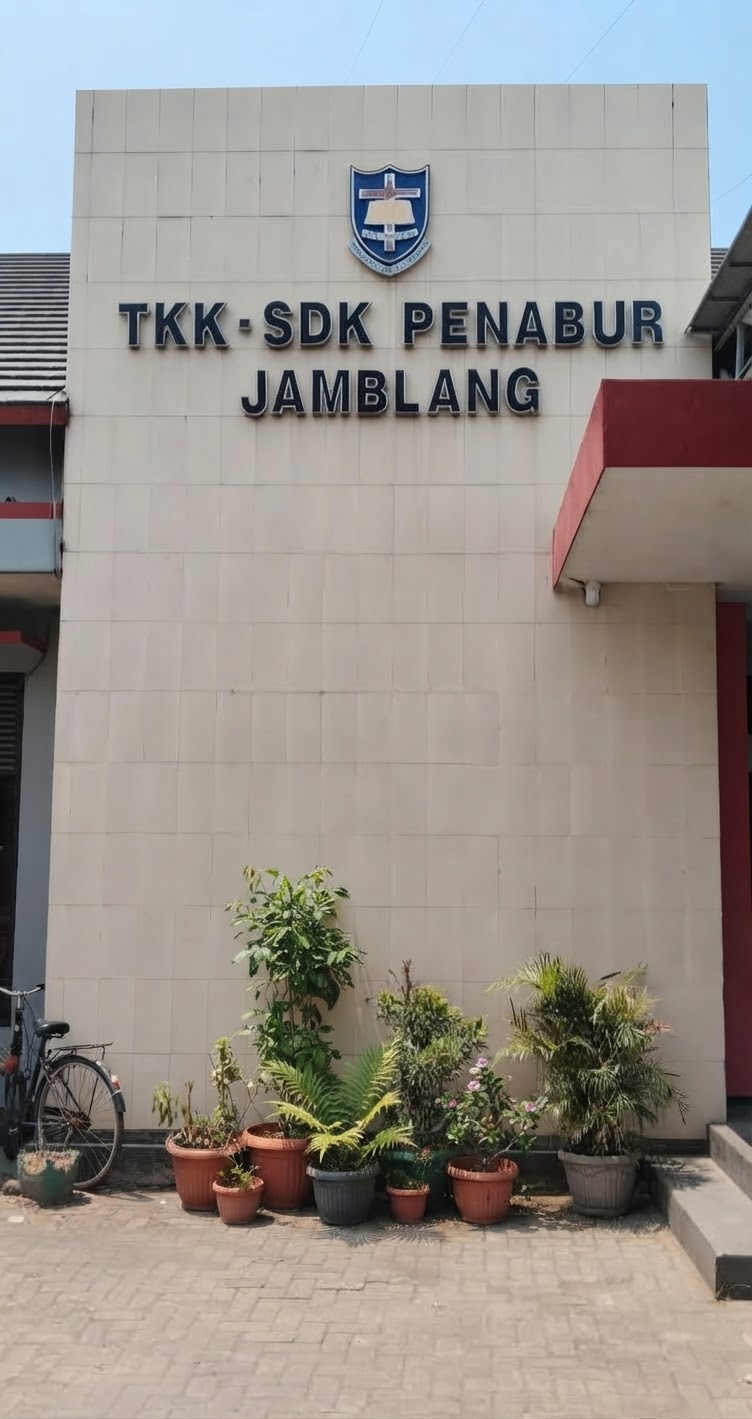 Gedung sekolah TKK dan SDK PENABUR Jamblang tempat mengembangkan visi dan misi sesuai dengan nilai kristiani ke para siswa.